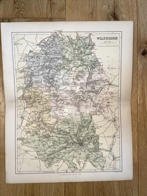 1894 Vintage antique County Map of Wiltshire by FS Weller in colour