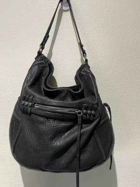 She+Lo BLACK Textured Leather Hobo Handbag w/ Expandable Zipper  - 12" x 12.5"