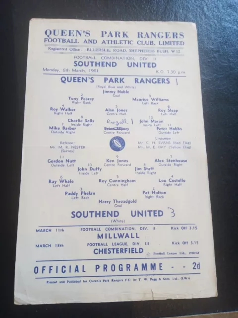 QPR Queens Park Rangers Reserves v Southend Utd Reserves March 6th 1961
