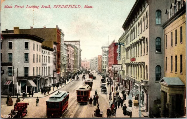 Vtg Springfield Massachusetts MA Main Street View Trollleys 1910s Postcard