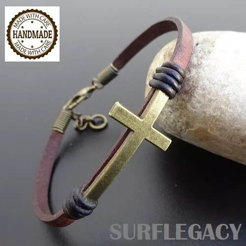 Braccialetto in pelle con Croce  Cross bracelet on leather Christian jewelry