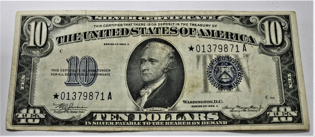 1934 Silver Certificate Ten Dollar Bill Star Note! Serial#01379871 A!
