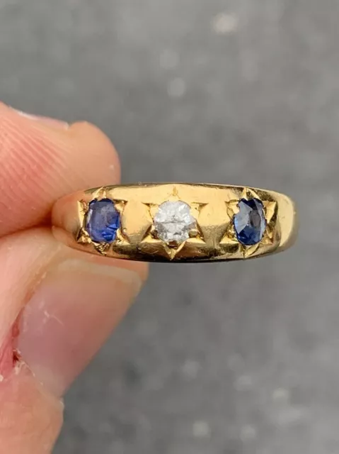 18ct Gold Victorian Old Cut Sapphire & Diamond 3 Stone Ring, 18k 750