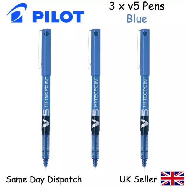 3x Pilot Hi-Tecpoint V5 / V7 - Liquid Ink Roller Ball Pen Black Blue 0.5 / 0.7