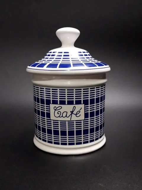 WILLIAMS-SONOMA FRENCH CANISTER CAFE BLUE & WHITE 7in COOKIE JAR W/ LID PORTUGAL