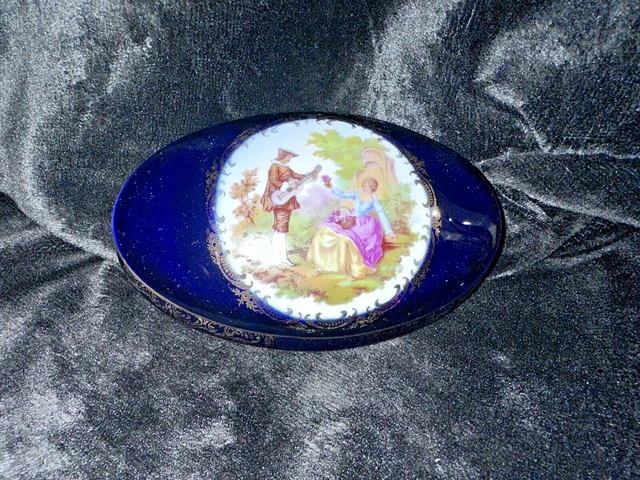 Limoges Large Oval Trinket Box Cobalt Blue 22k Gold Excellent