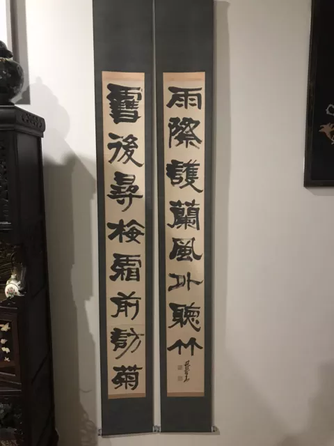 200 years Old Asian Antique Original Calligraphy Scroll Pair