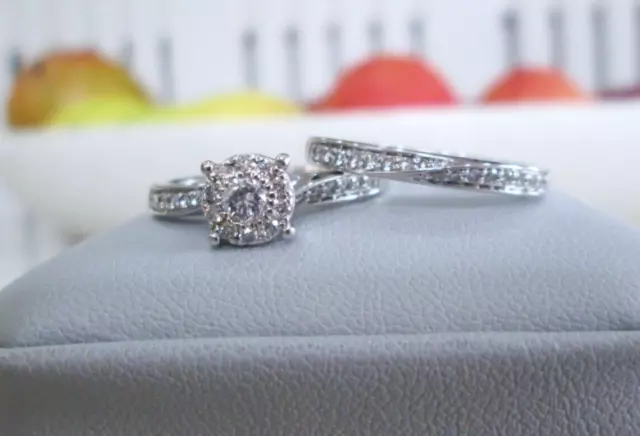 9ct White Gold Diamond Cluster Halo Eternity Engagement Wedding Band Ring Set P