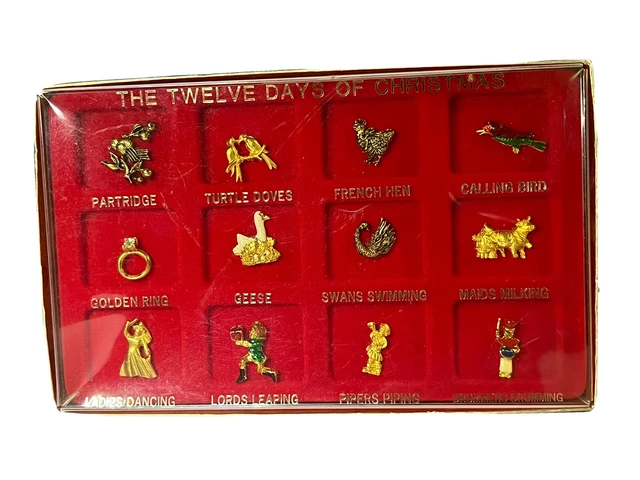 Vtg 12 Days of Christmas Gold Tone Enamel Small Lapel Pins Box Set Giovanni New