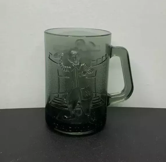 Vintage Embossed McDonald's Glass Mug 12 oz Ronald McDonald Football Smoke Gray