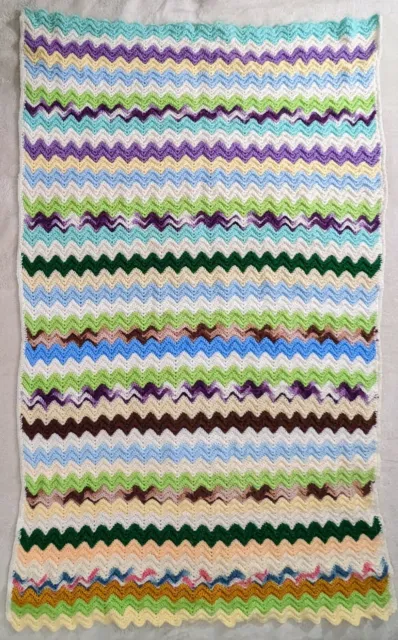 Vintage Zigzag Pattern Afghan Crochet Cool Colors Blanket 36x61" Handmade EC EF