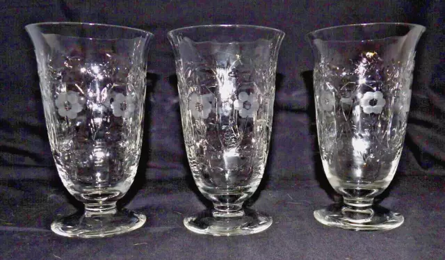 3 Vintage 1940's Rock Sharpe Cherokee Pattern Crystal 9oz Ice Tea Glasses 5 1/2"