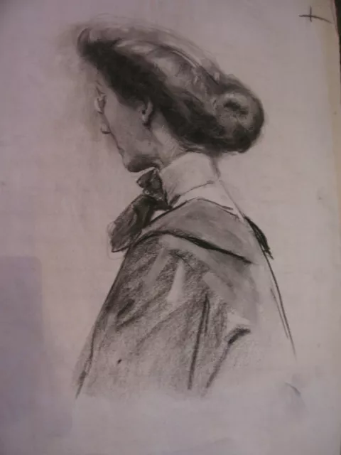 Vtg Antique Early 20th Cent Edward Comly Trego Charcoal Drawing of Woman