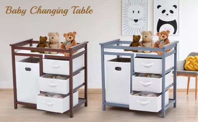 Baby Wooden Diaper Changing Table w/ Laundry Hamper &Drawer Basket &Changing Pad