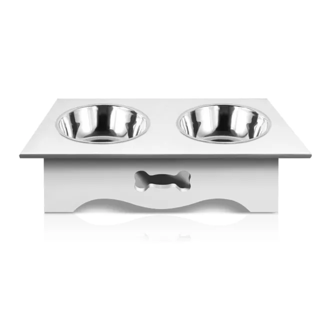 Luxury Dog Food Feeding Stand Station Stainless Double Raised Bowls Wooden-WHITE