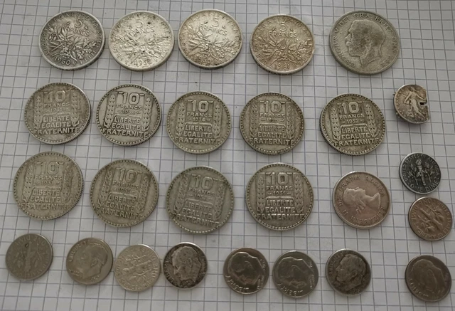 Gros lot de Pièces en argent 4 x 5 francs, 10x 1 dîme, 9 x10 franc 185 gramme...