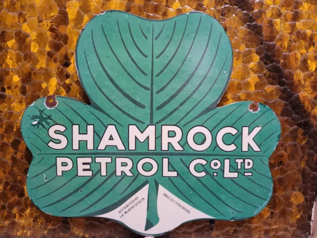 Vintage Shamrock Petrol Porcelain Sign Old 2-Sided Clover Diecut Gas Station 14"