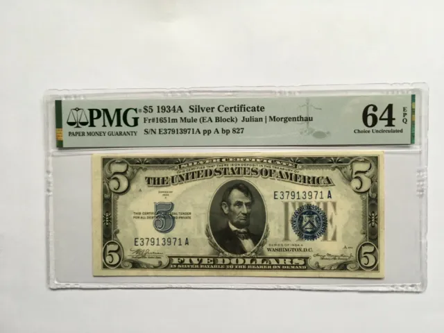 Silver Certificate $5 1934A Fr#1651m Mule (EA Block) Julian/Morgenthau