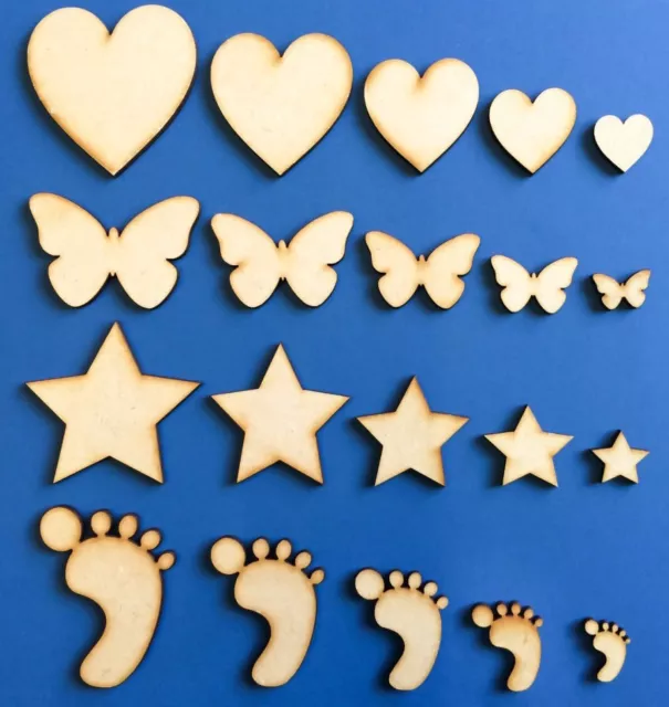 WOODEN MDF SHAPES Hearts Stars Butterfly Bunting Craft Embellishments