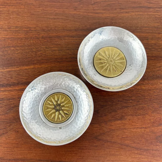 2 Arts & Crafts Style Sterling, Brass Trinket Nut Ashtray / Dishes Hand Hammered