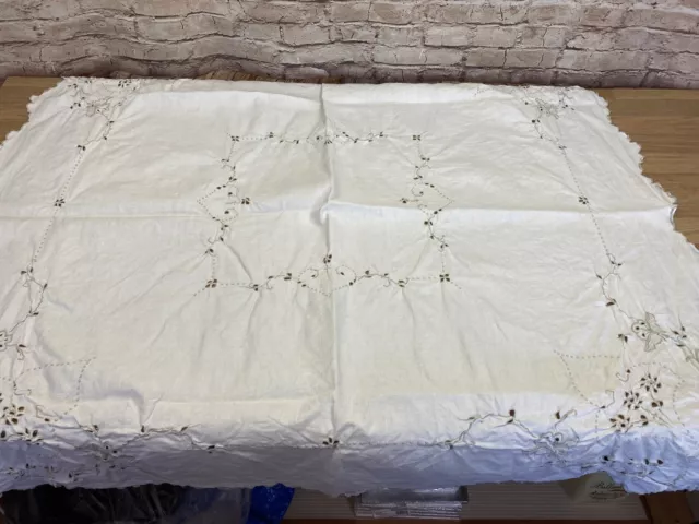 Vintage White Cotton With Beige Cutwork Embroidered Tablecloth Approx 40 inches