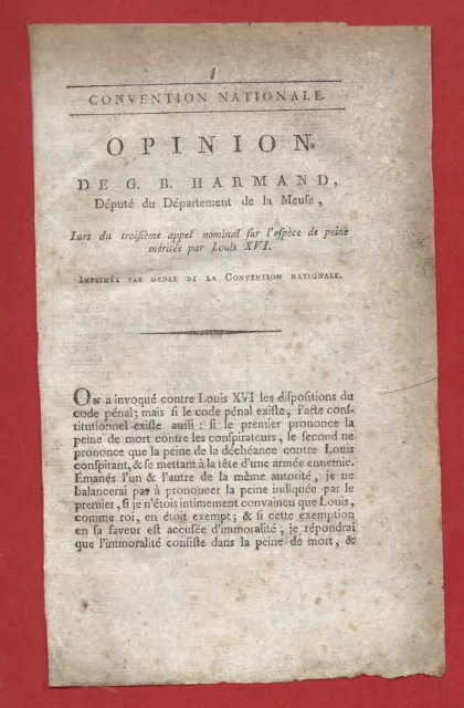 1793 Revolution Rare Opinion Harmand Meuse  Jugement De  Louis Xvi