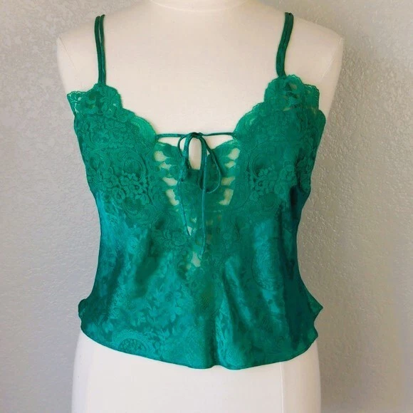 Vintage Green Satin Camisole Size Large  Adjustable Straps Tie Front