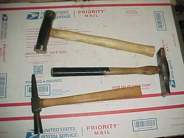 Lot of (3) Auto Body Blacksmith Hammers Anvil Shop Tools Creasing, Flat, Pick