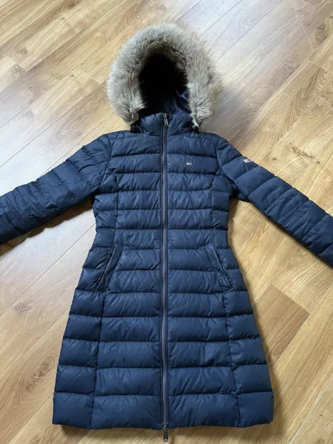 Ladies Tommy Jeans Navy Blue Padded Faux Fur Hood Puffer Coat Hilfiger  Xs £350