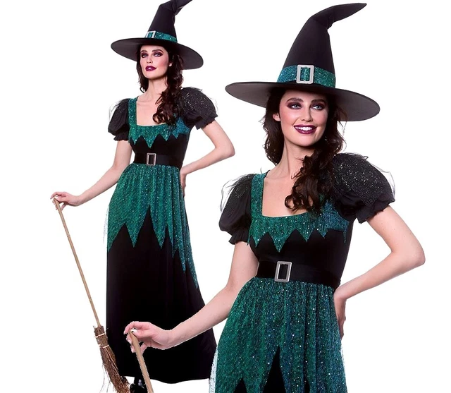 LADIES SPARKLE EMERALD WITCH DISCO QUEEN Halloween Fancy Dress Costume