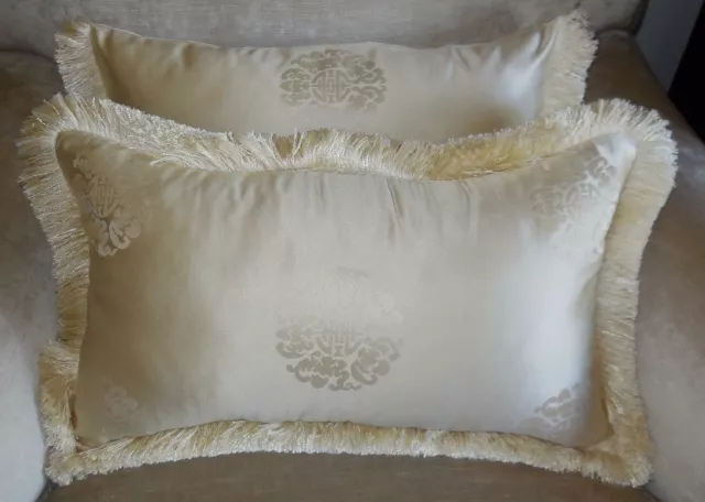 ❇️ NEW Superb Milky Cream ORIENTAL MEDALLION SILK Fringed Oblong Cushion Covers