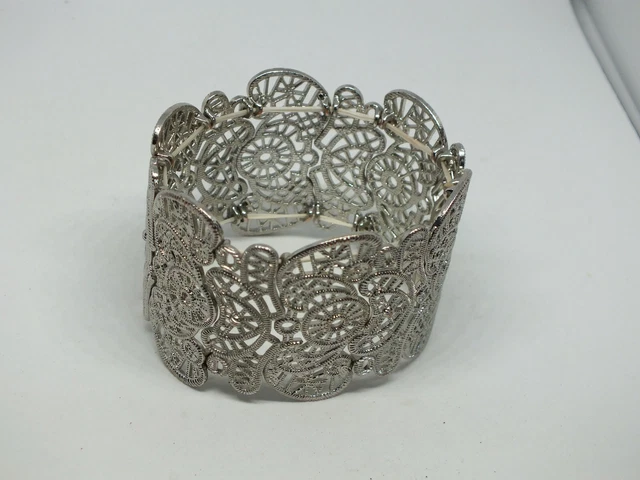 Beautiful Stretch Bracelet Silver Tone Matte Filigree Finish 1 3/4" W x 2 1/4" A