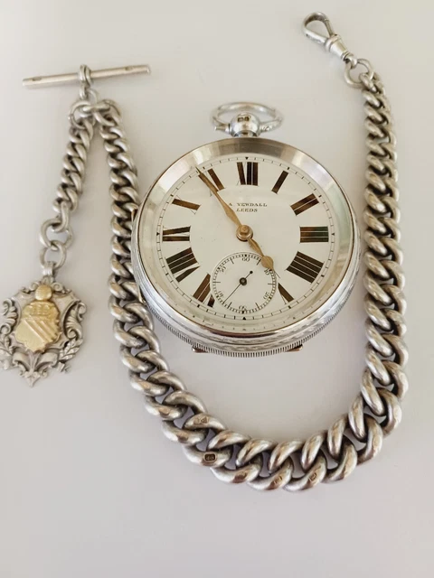 Superb Large Heavy Silver Pocket Watch And Very Heavy Silver Albert Chain