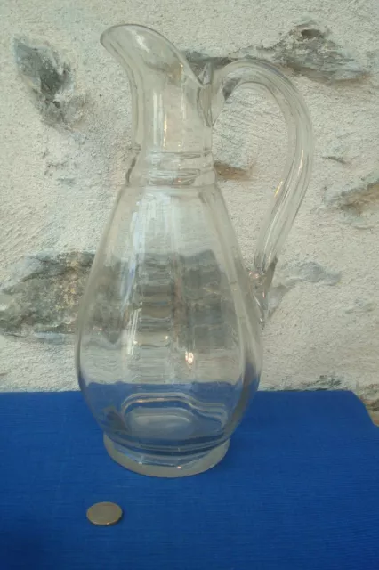 V55 Grand Pichet à Cidre Normand Verre Soufflé Moulé XIXe Cruche Carafe Regional