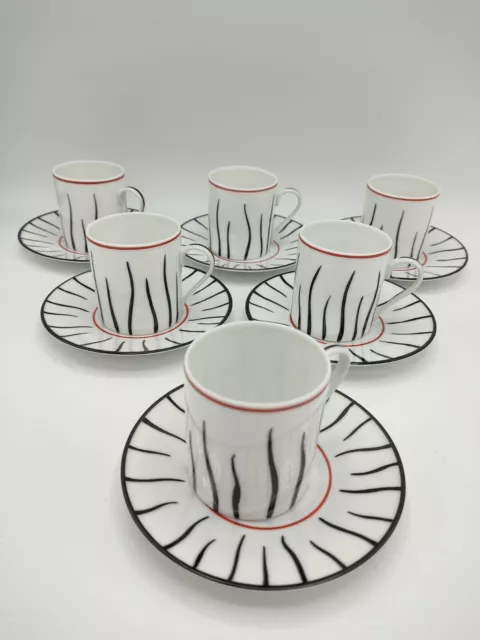 Service moderne de 6 tasses à café en Porcelaine de Limoges décor rouge et noir
