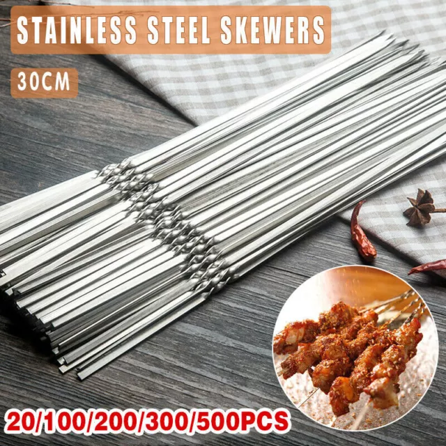 Stainless Steel Barbecue Metal Skewers Flat Needle BBQ Tools Kebab Stick 30CM AU