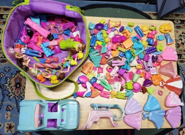 Polly Pocket Lot of 9 Dolls, Rubber & Plastic Accessories Car Scooter Sled Case