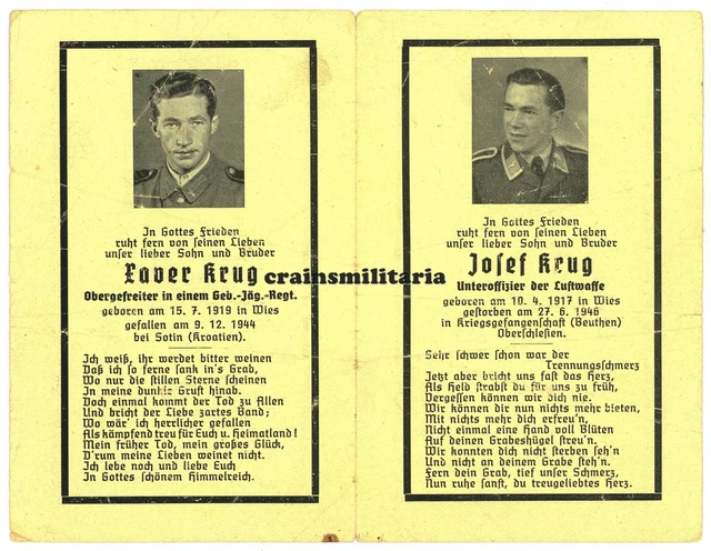 Orig. Sterbebild Brüder + SOTIN Donau Kroatien 1944 + POW Beuthen Polen 1946