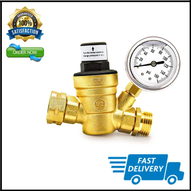 RV WATER PRESSURE Regulator Valve with Gauge and Inlet Screened Filter