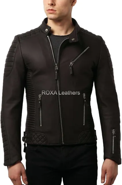 Mens Genuine Cowhide Real Leather Jacket Biker Cow Open Front Quilted Black Coat