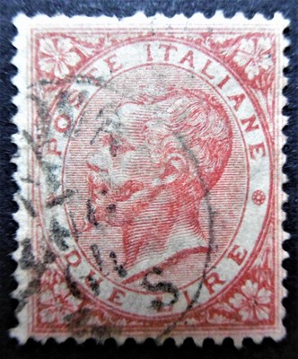 Regno 1863 Sass L22 De La Rue 2 lire scarlatto chiaro usato con bollo a data 
