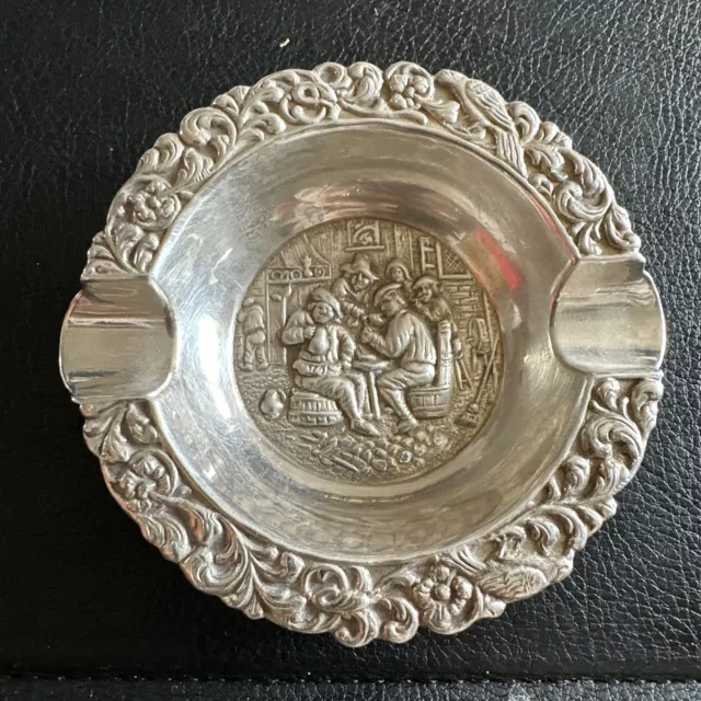 Old Vintage White Metal Ashtray Pub Figure Scene