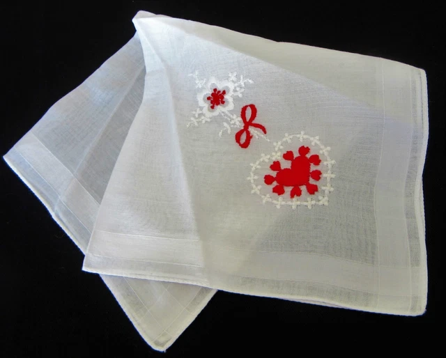 Vintage Hankie Ten Red Embroidered Valentine Hearts & Ribbon 11" x 11 1/2"