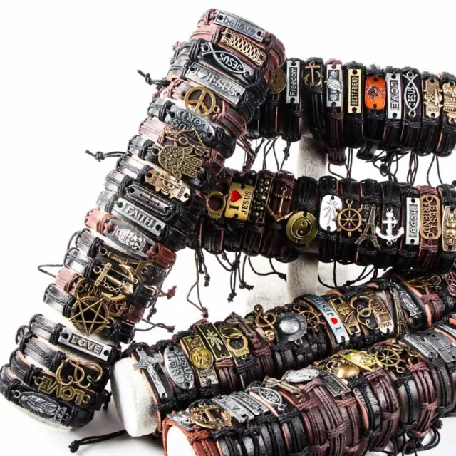 Wholesale lots 30pcs Mixed Styles Vintage Biker leather Cuff Bracelets Jewelry