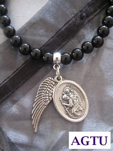 Black Agate Bracelet with Saint St Christopher Medal Angel Wing Charm Gift AGTU