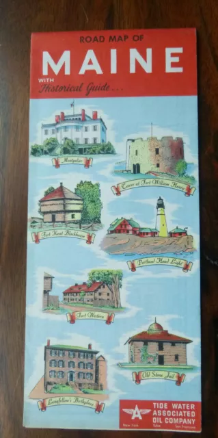 1952 Maine road map Tydol  Flying A oil gas pictorial Portland Head Lighthouse
