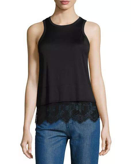 Carven Women's Lace-Trim Jersey Tank Top in Black Size Medium M