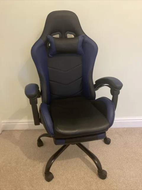 Comfortable Gaming Chair With Leg Rest. Blue And Black