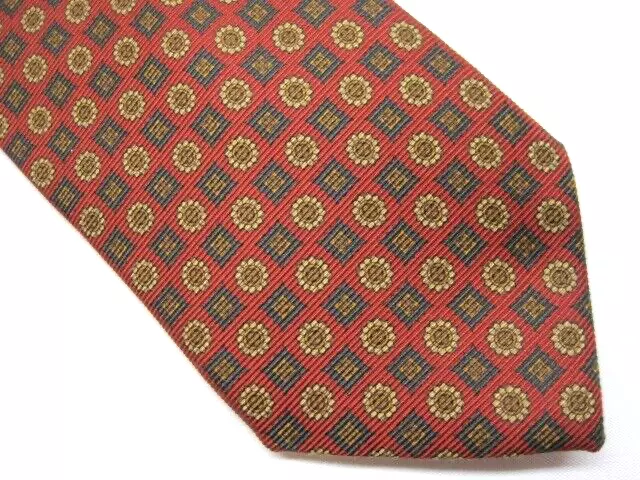 Breuer Hand Made in Italy Red Blue Gold Medallion Neat Print Silk Tie 3.5"