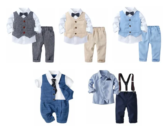Kids Baby Boys Gentleman Outfits Romper Tops Jumpsuit Pants Bow Tie Tuxedo Set